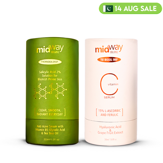 Midway Organic Salicylic Acid Acne Serum and Vitamin C Serum promotional graphic