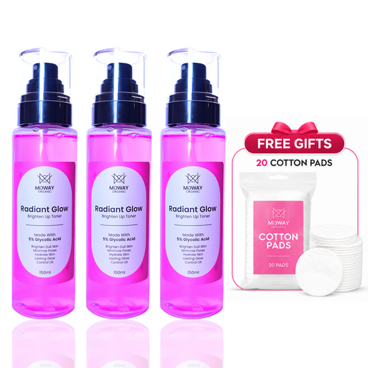 Three Midway Organic 5% Glycolic Acid Toner bottles with 20 free cotton pads